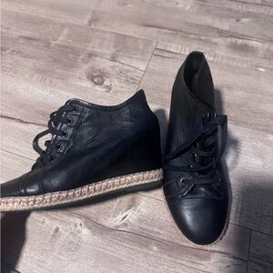 Theory Black Leather Lace-Up Wedge Sneakers with Espadrille Trim